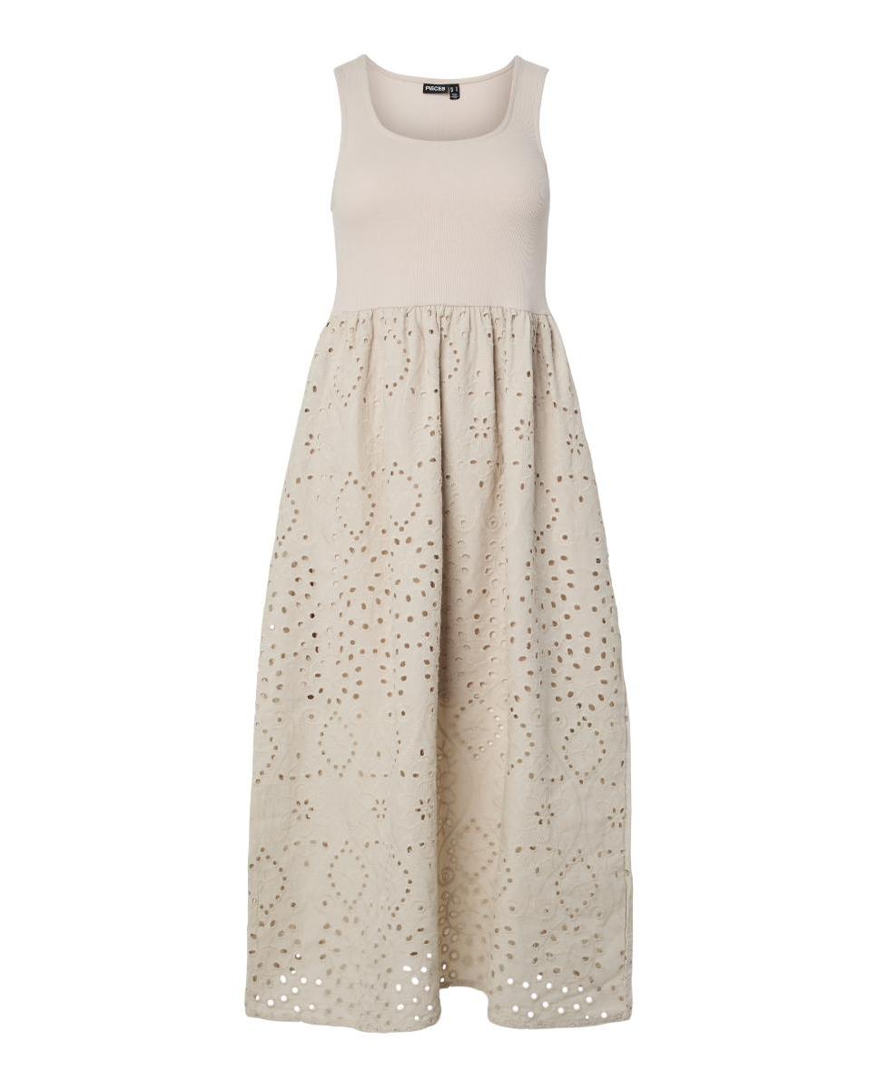 Vestido de Bordado Inglês pelo Tornozelo sem Mangas e com Decote Redondo Bege-5