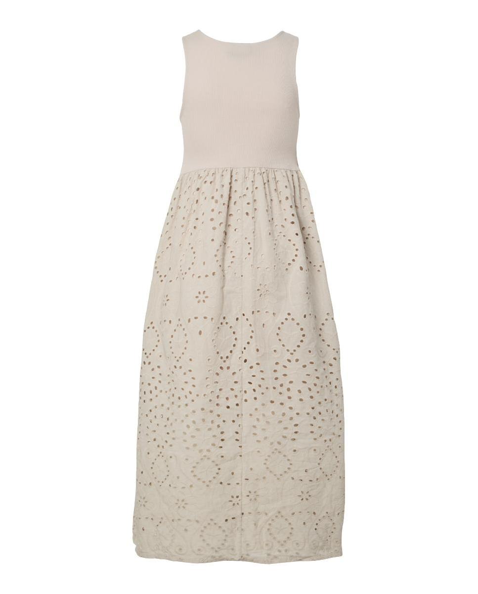 Vestido de Bordado Inglês pelo Tornozelo sem Mangas e com Decote Redondo Bege-6