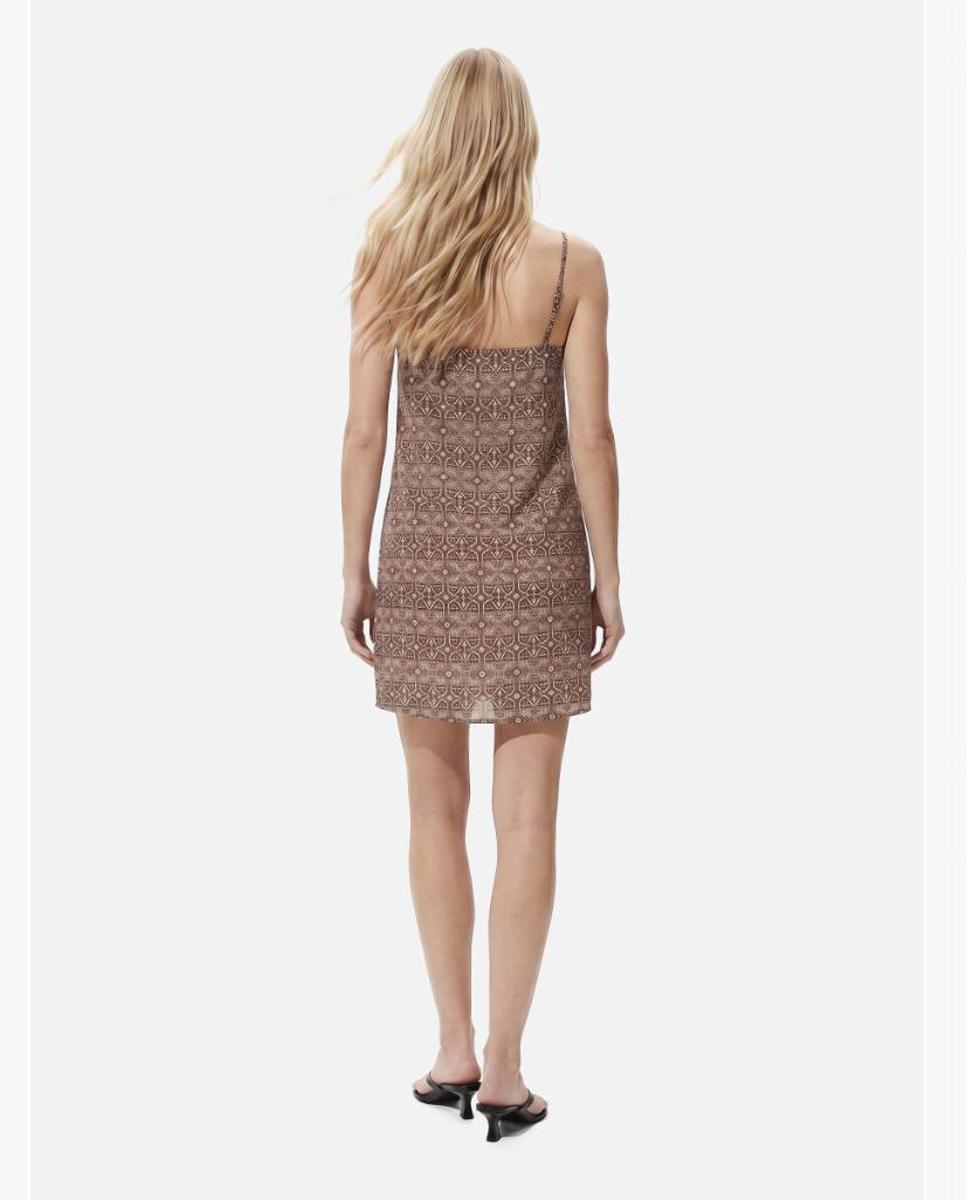 Vestido Curto com Estampado Geométrico, Decote Quadrado e Alças Finas Castanho-2