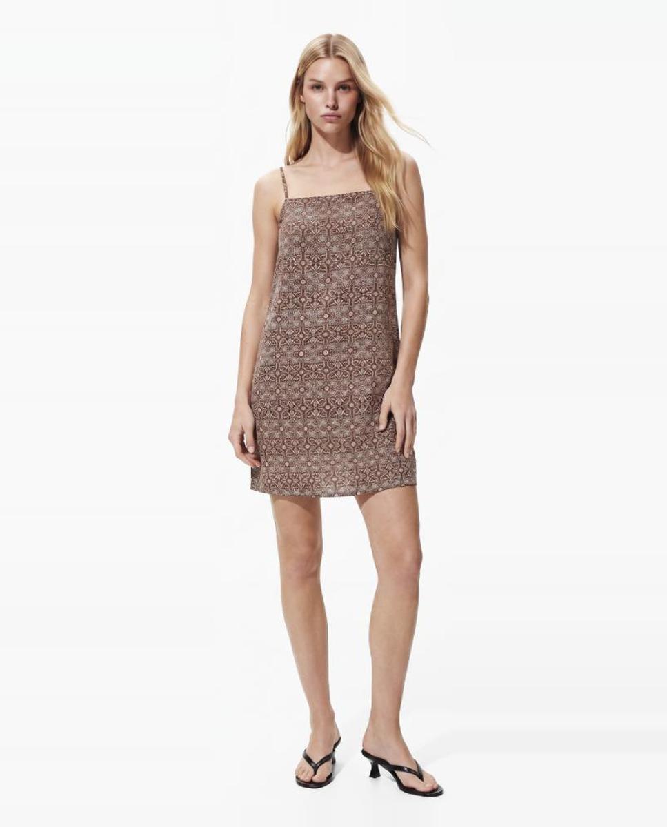 Vestido Curto com Estampado Geométrico, Decote Quadrado e Alças Finas Castanho-3