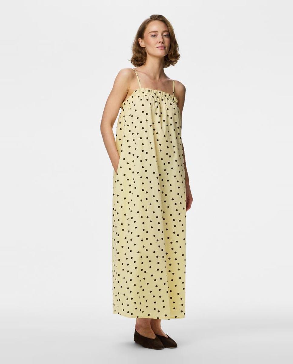 Vestido às Bolinhas com Decote Quadrado e Alças Finas Amarelo-3