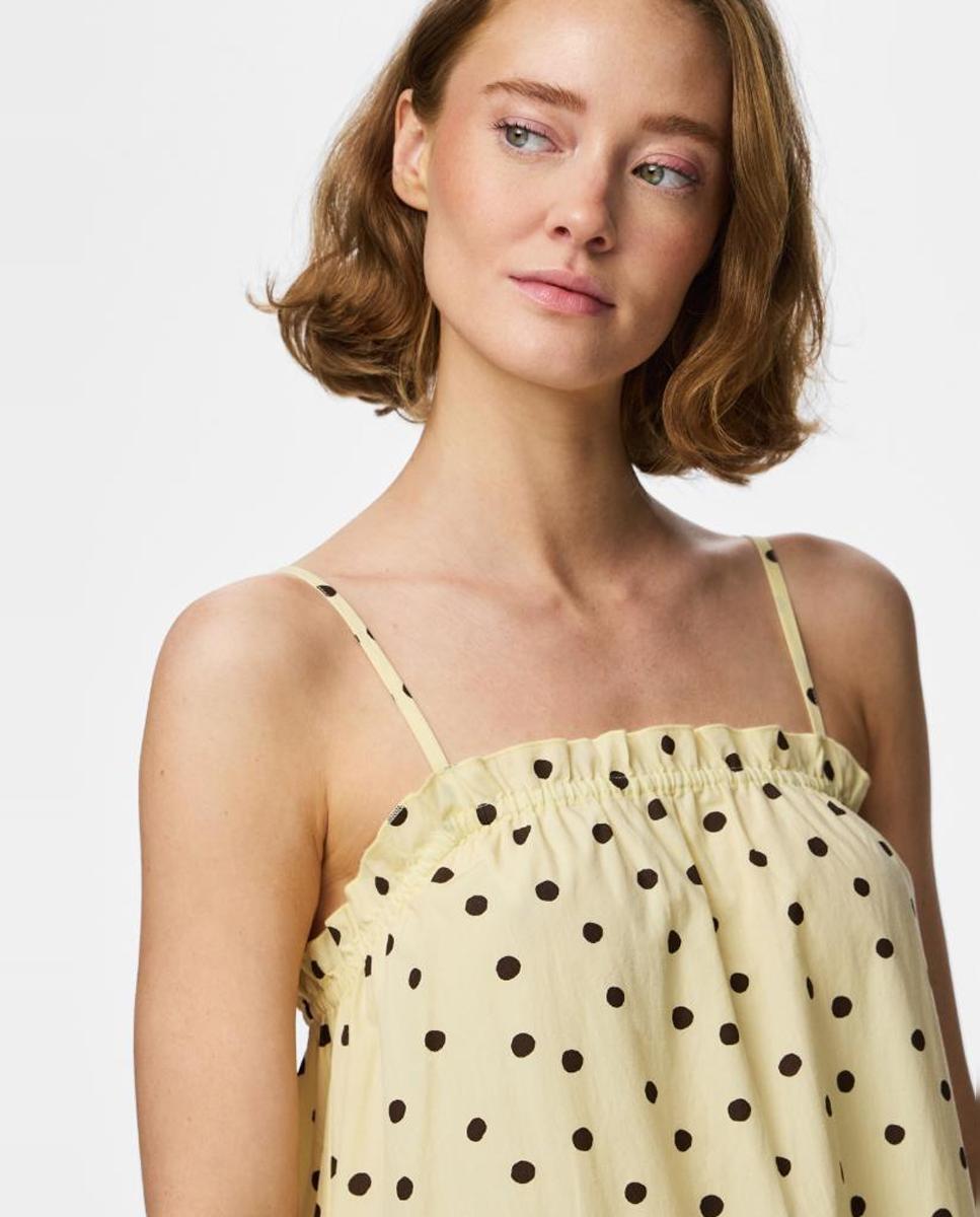 Vestido às Bolinhas com Decote Quadrado e Alças Finas Amarelo-4