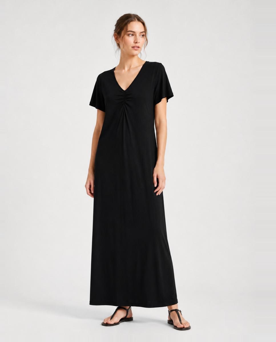 Vestido largo con escote de pico y manga corta - Pieces - Negro Negro-1