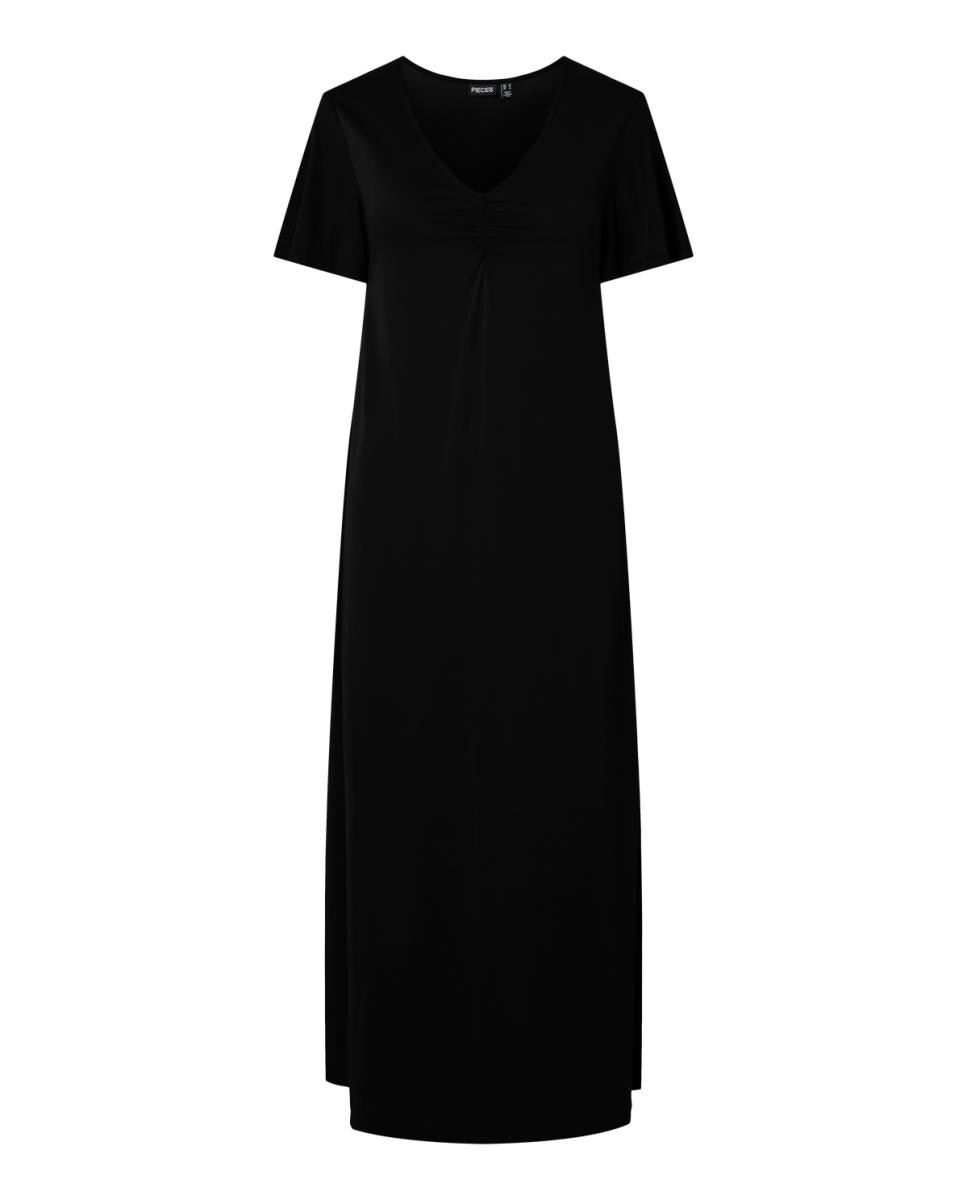Vestido largo con escote de pico y manga corta - Pieces - Negro Negro-4