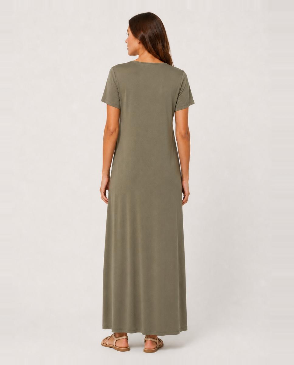 Vestido Comprido com Decote em Bico e Manga Curta Verde pardo-2