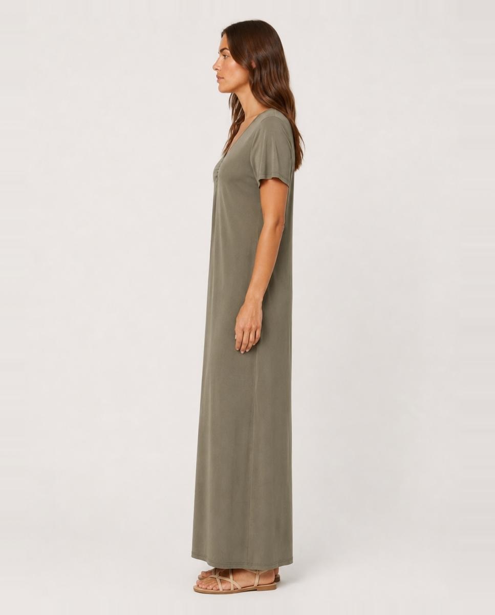 Vestido Comprido com Decote em Bico e Manga Curta Verde pardo-3