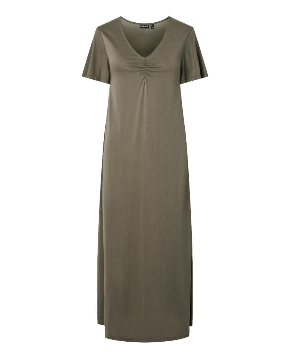 Vestido Comprido com Decote em Bico e Manga Curta Verde pardo-5
