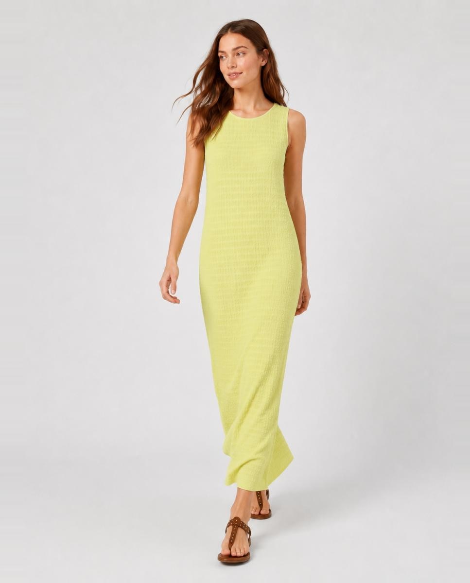 Vestido Comprido sem Mangas com Decote Redondo Amarelo-2