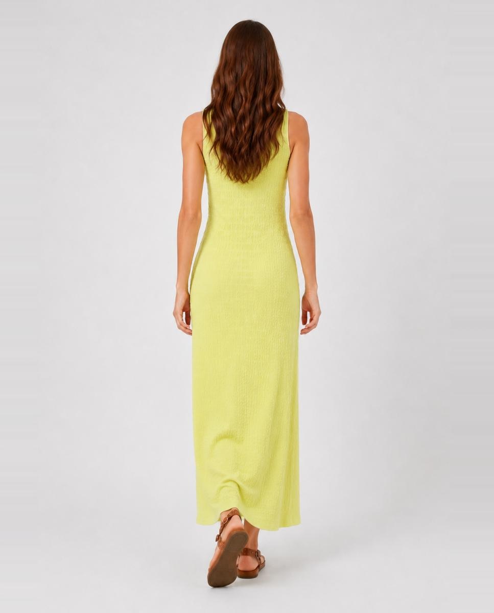Vestido Comprido sem Mangas com Decote Redondo Amarelo-3