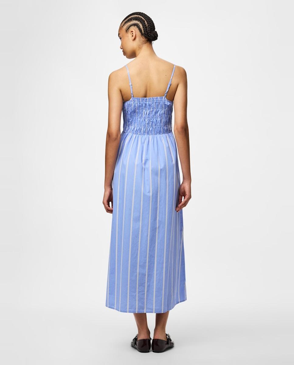 Vestido Comprido com Decote Quadrado, Favos de Mel e Alças Finas Azul-claro-2