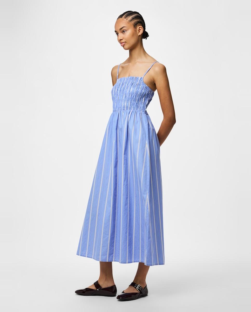 Vestido Comprido com Decote Quadrado, Favos de Mel e Alças Finas Azul-claro-3