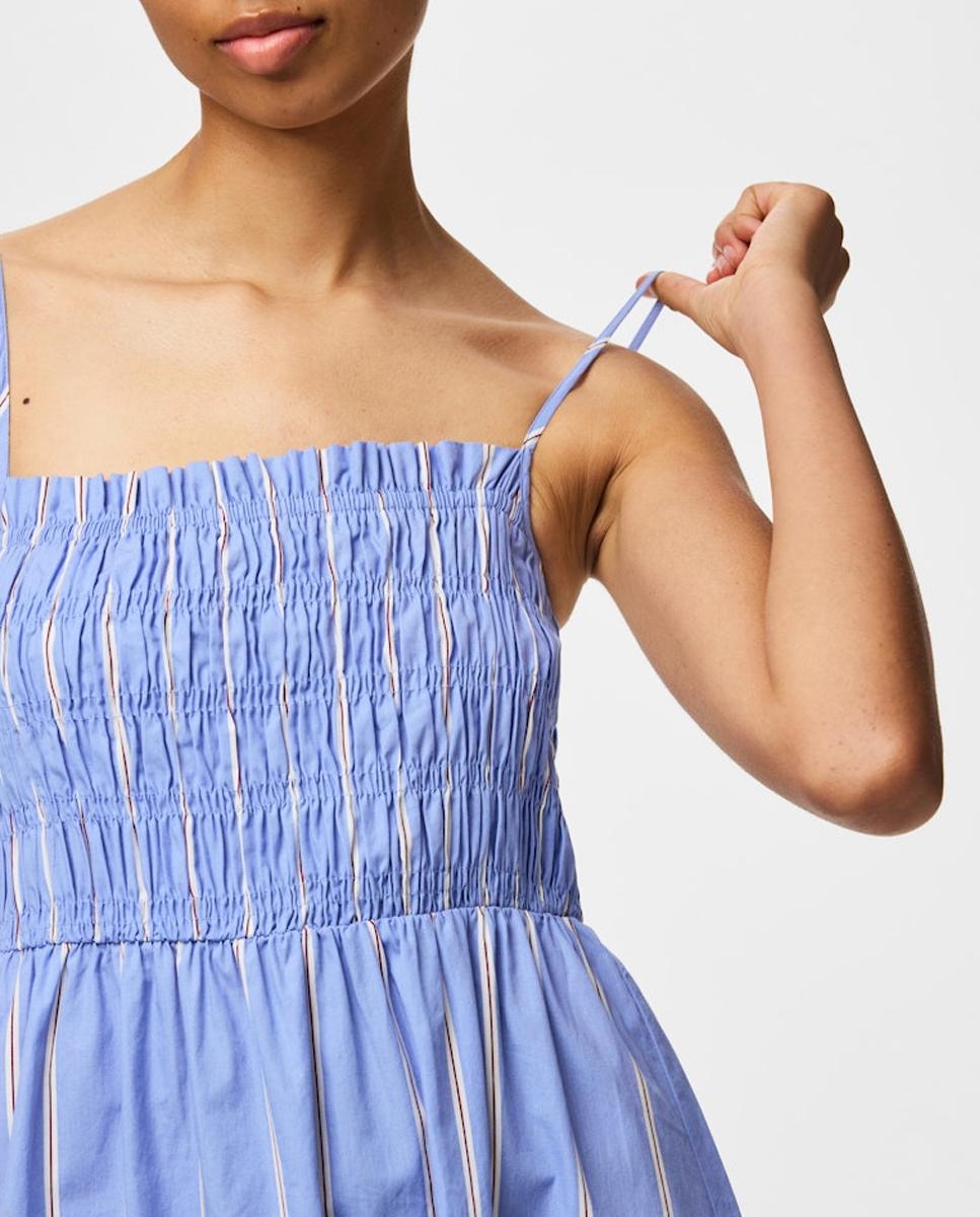 Vestido Comprido com Decote Quadrado, Favos de Mel e Alças Finas Azul-claro-4