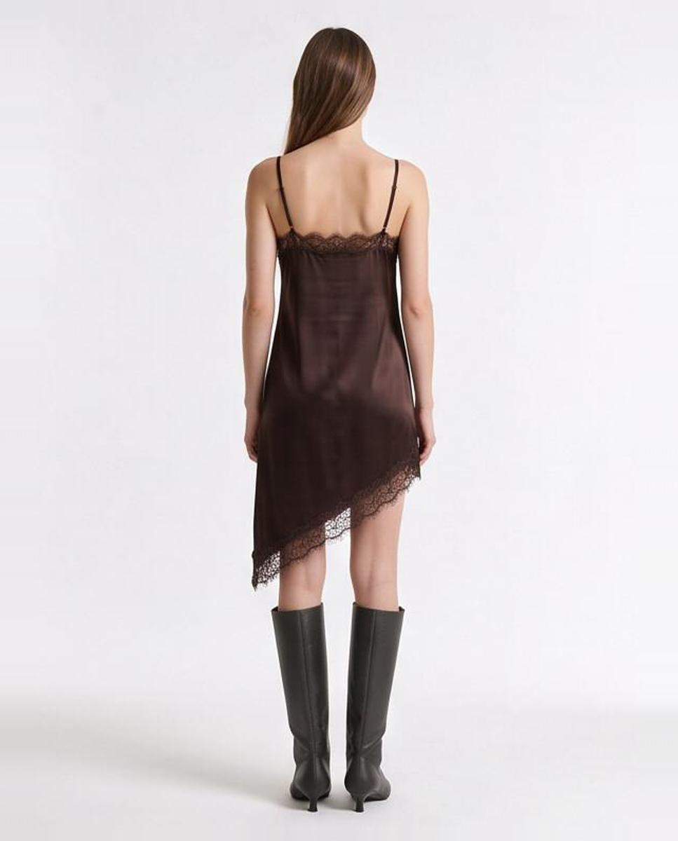 Vestido Midi Assimétrico de Cetim e Renda Castanho-escuro-2