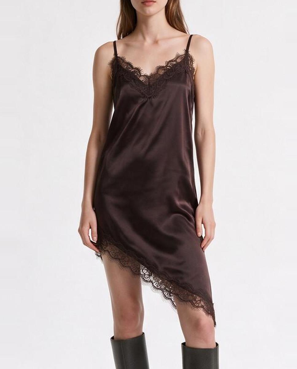 Vestido Midi Assimétrico de Cetim e Renda Castanho-escuro-3