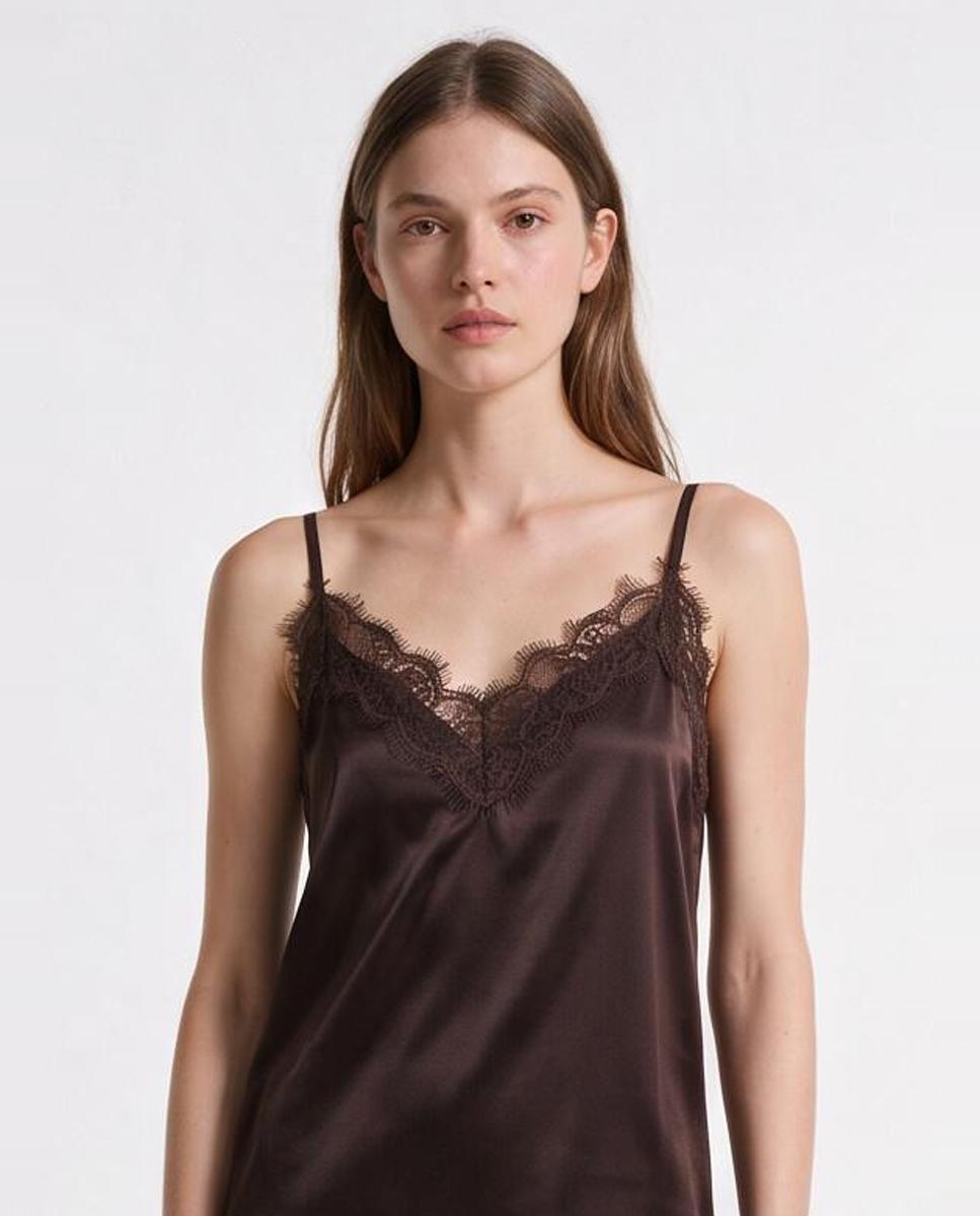 Vestido Midi Assimétrico de Cetim e Renda Castanho-escuro-4