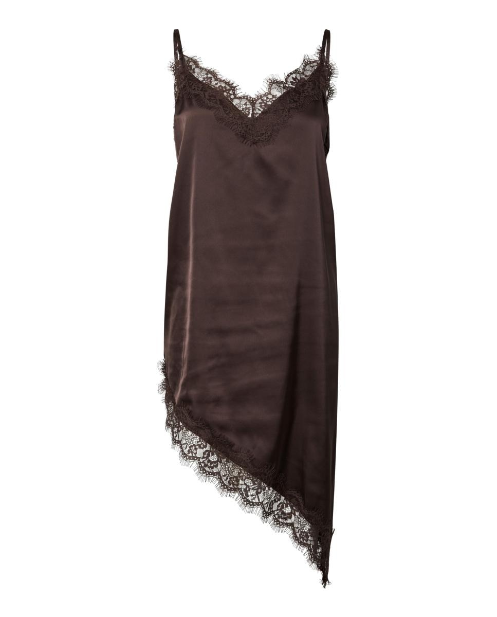 Vestido Midi Assimétrico de Cetim e Renda Castanho-escuro-5