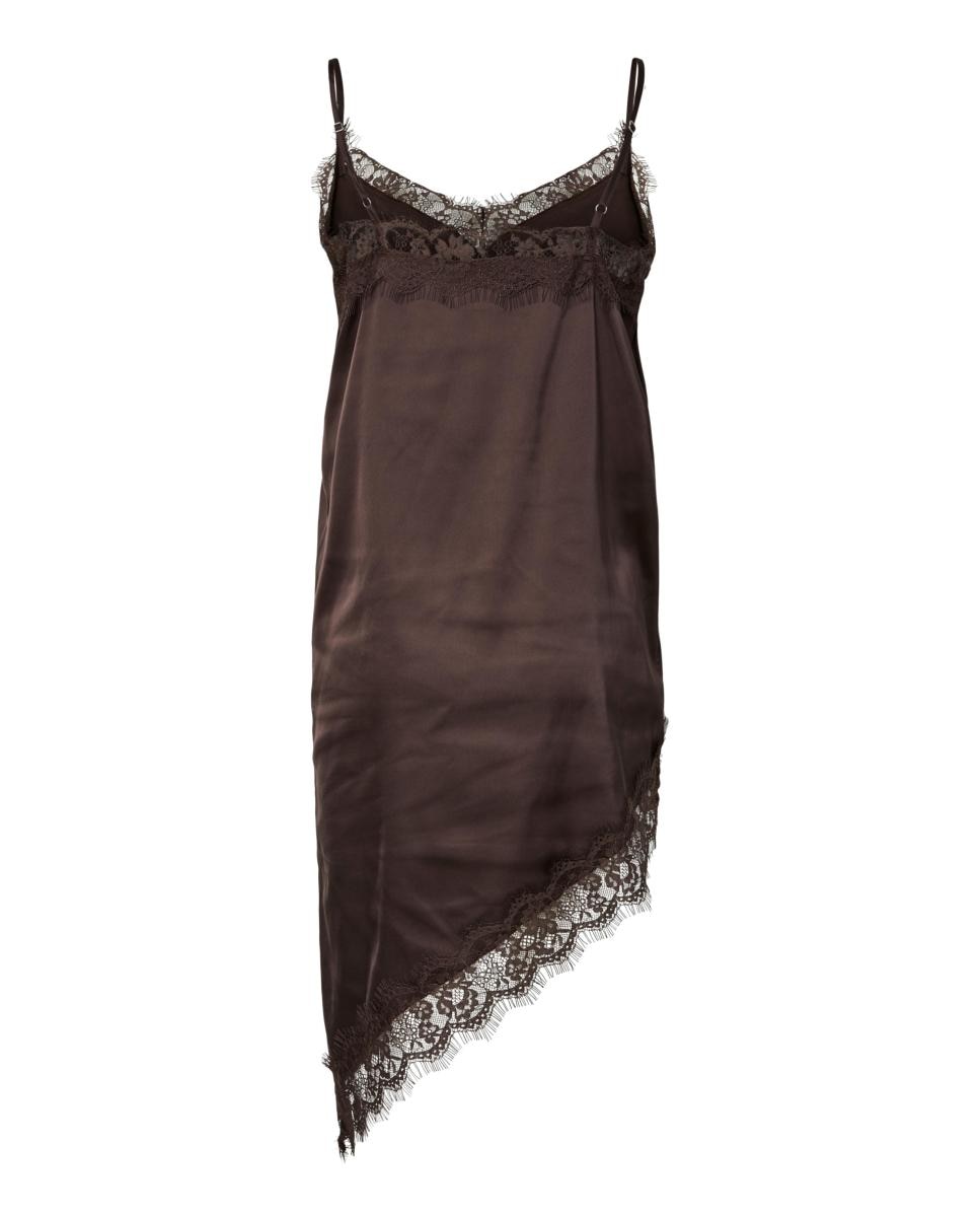 Vestido Midi Assimétrico de Cetim e Renda Castanho-escuro-6