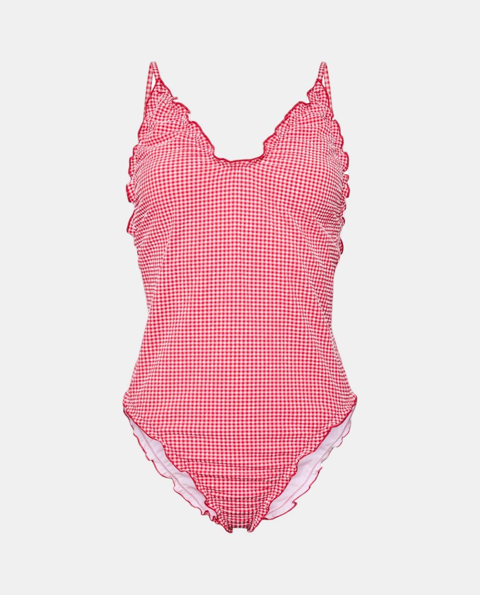 Calções de Banho aos Quadrados Vichy Vermelho-5