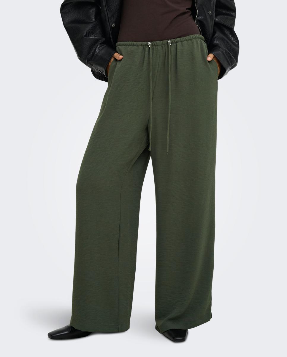 Pantalón de mujer wide leg con cierre de cordón - jdy - Verde pardo Verde pardo-2