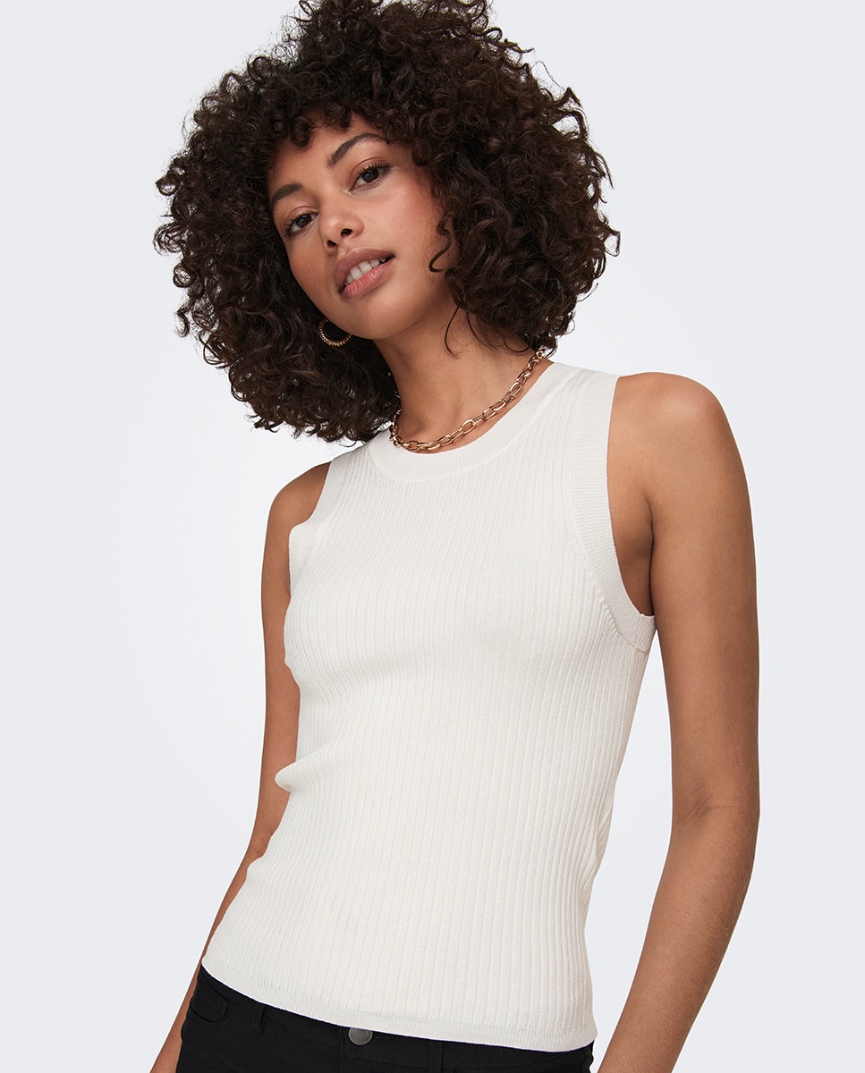 Top Canelado sem Mangas Branco-3