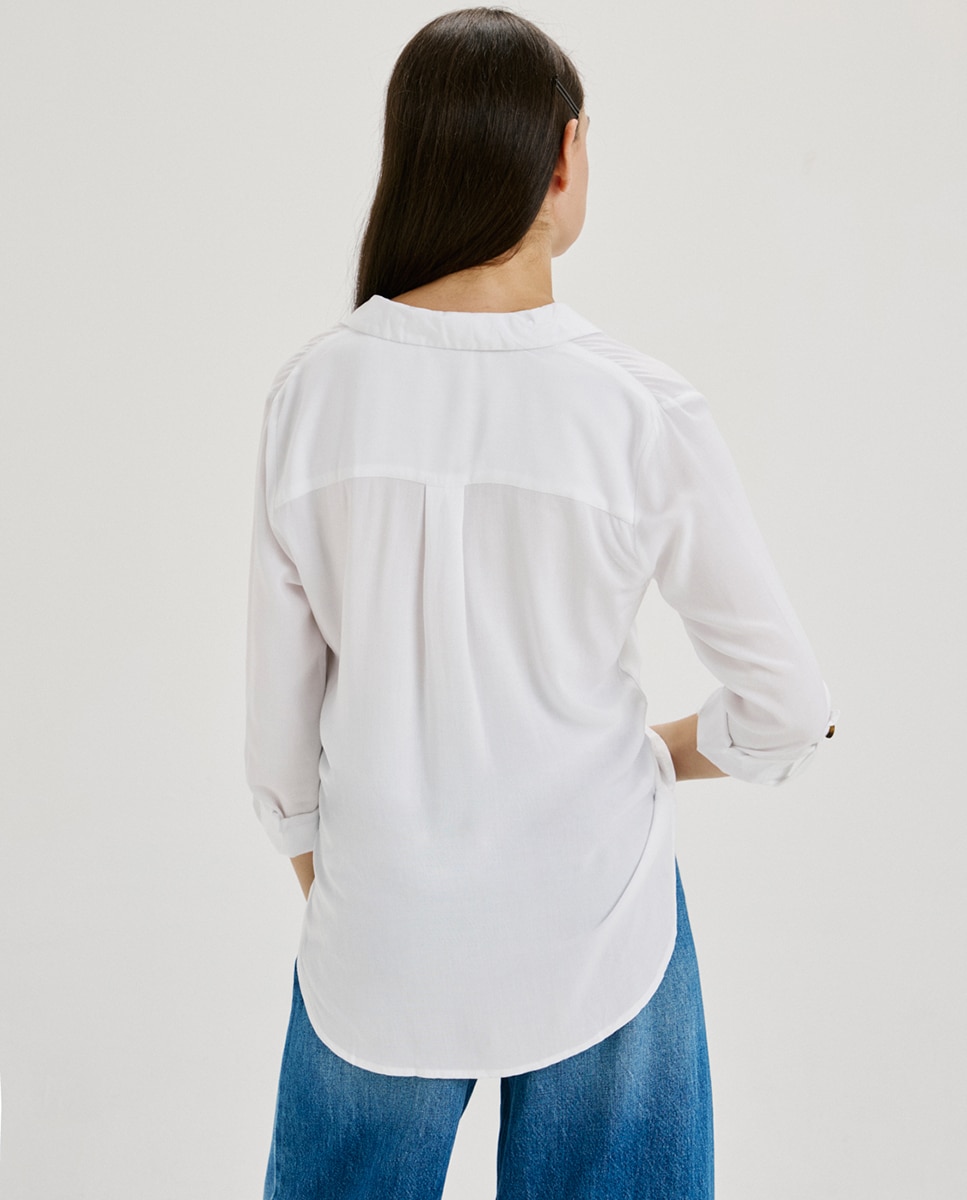 Camisa lisa de mulher com manga comprida Branco-2