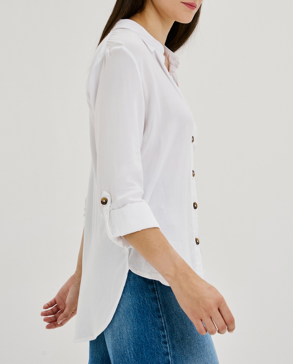 Camisa lisa de mulher com manga comprida Branco-3
