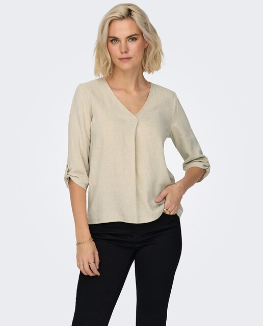 Imagen 0 de Top de mujer de lino y manga 3/4 y cuello de pico