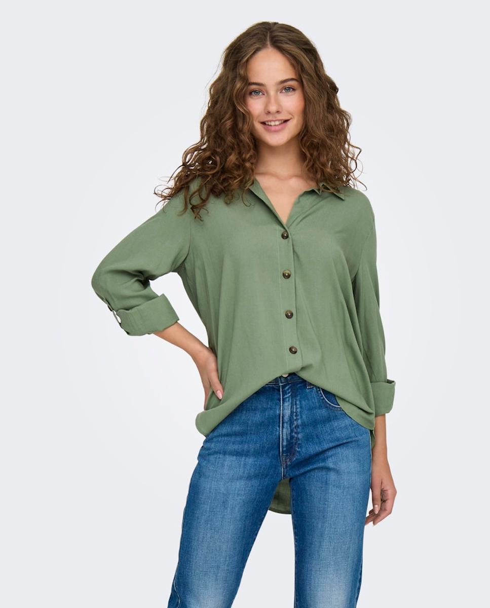 Camisa lisa de mulher com manga comprida Verde-1