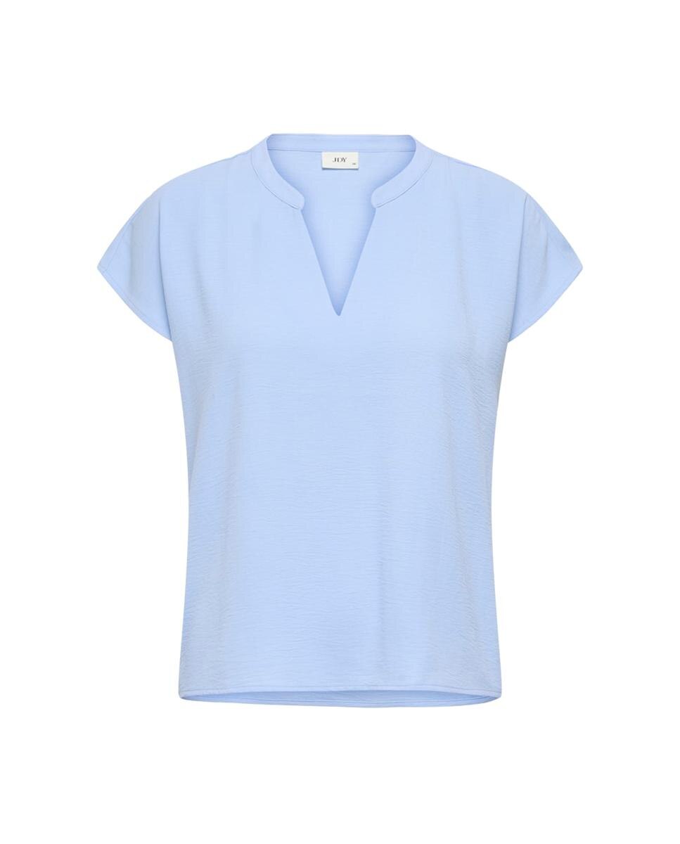 Blusa Lisa de Manga Curta com Gola à Padre Azul-3