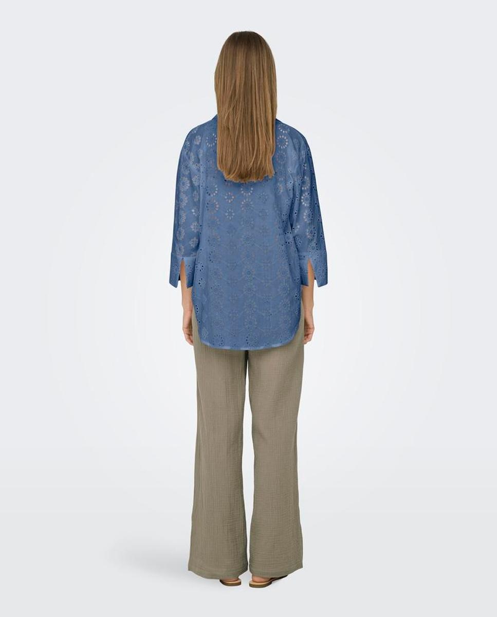 Camisa Comprida com Detalhes Perfurados Azul-índigo-2