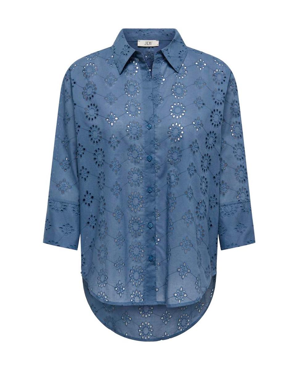 Camisa Comprida com Detalhes Perfurados Azul-índigo-3