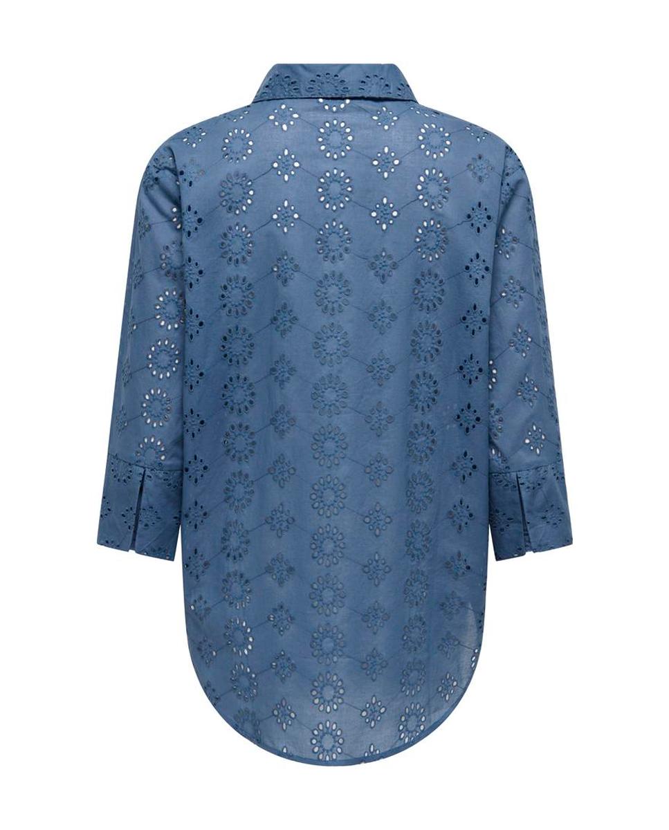Camisa Comprida com Detalhes Perfurados Azul-índigo-4
