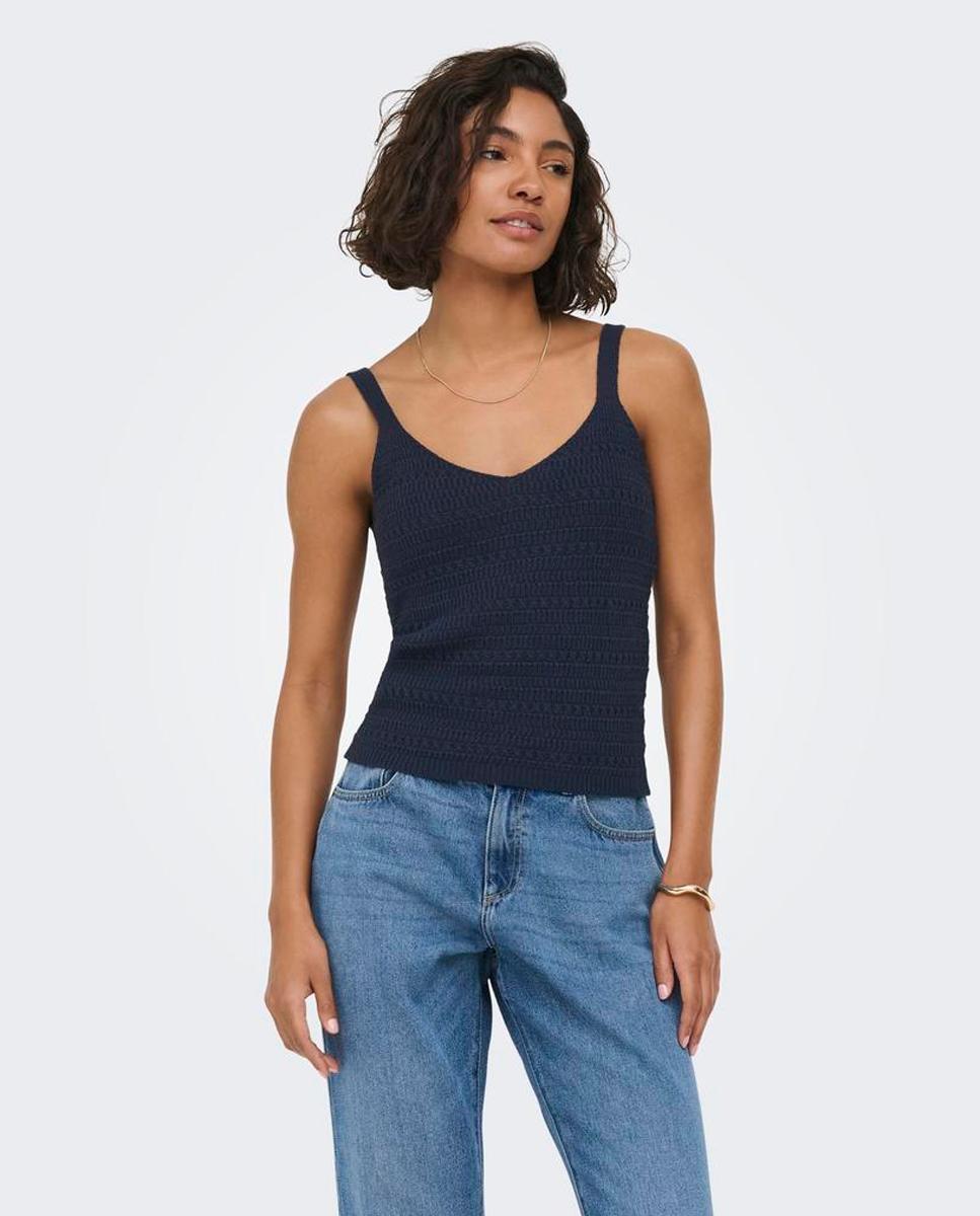Top de punto de mujer tirantes con cuello pico - jdy - Azul índigo Azul índigo-1