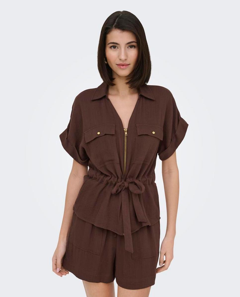 Sobrecamisa de mujer de manga corta con cremallera - jdy - Marrón oscuro Marrón oscuro-4