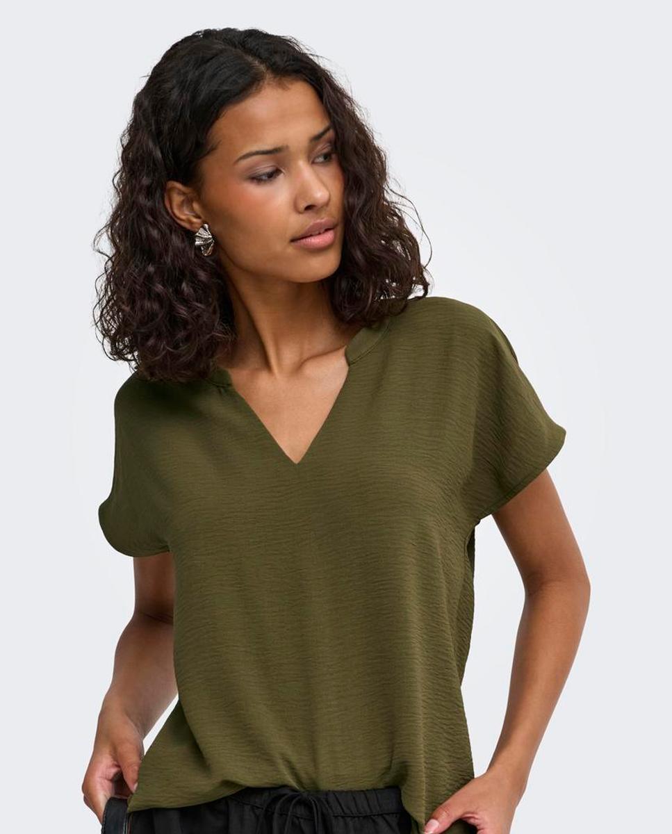 Blusa de mujer lisa de manga corta con cuello mao - jdy - Verde pardo Verde pardo-1