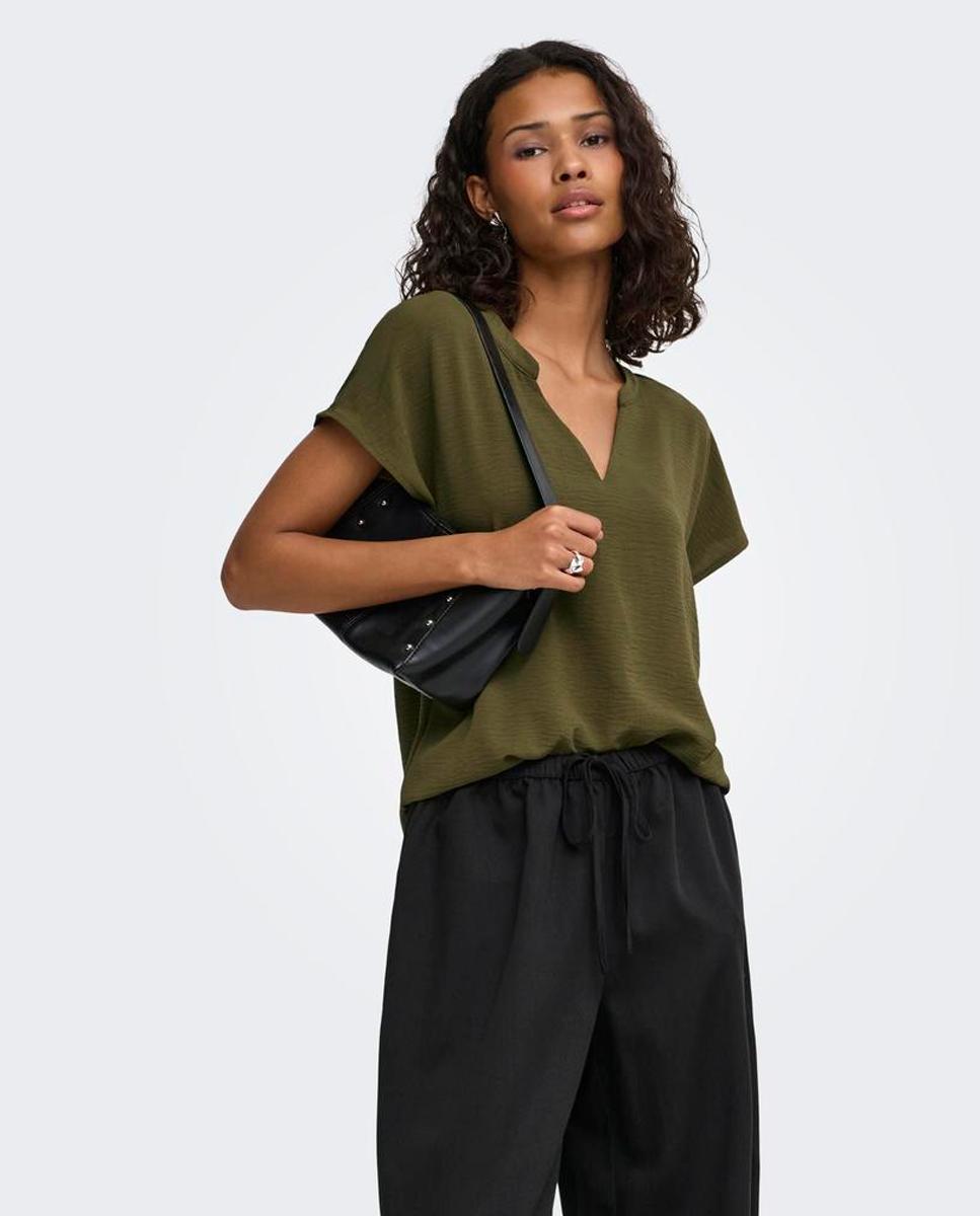 Blusa de mujer lisa de manga corta con cuello mao - jdy - Verde pardo Verde pardo-2
