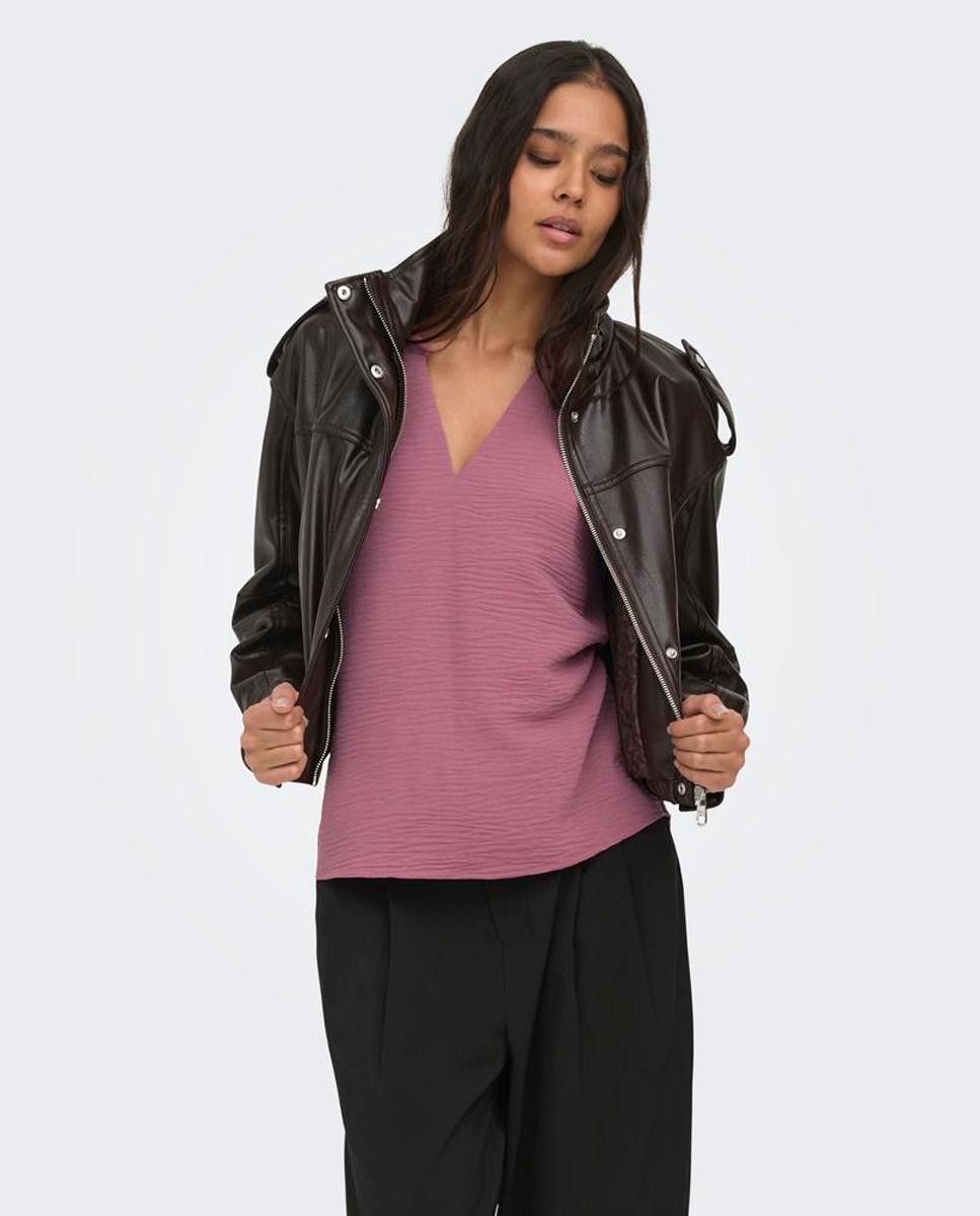 Blusa de mujer lisa de manga corta con cuello mao - jdy - Rosa Rosa-2