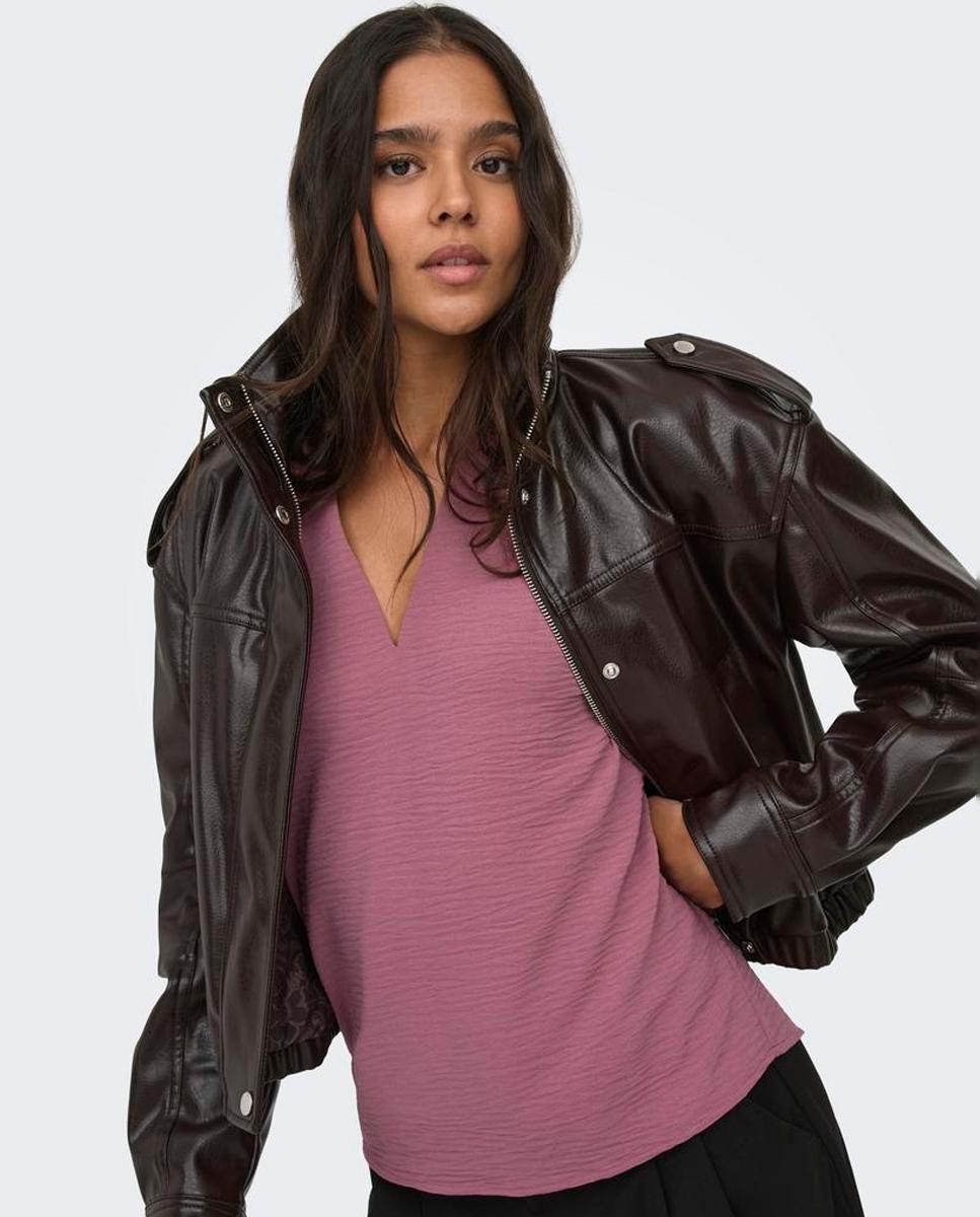 Blusa de mujer lisa de manga corta con cuello mao - jdy - Rosa Rosa-5