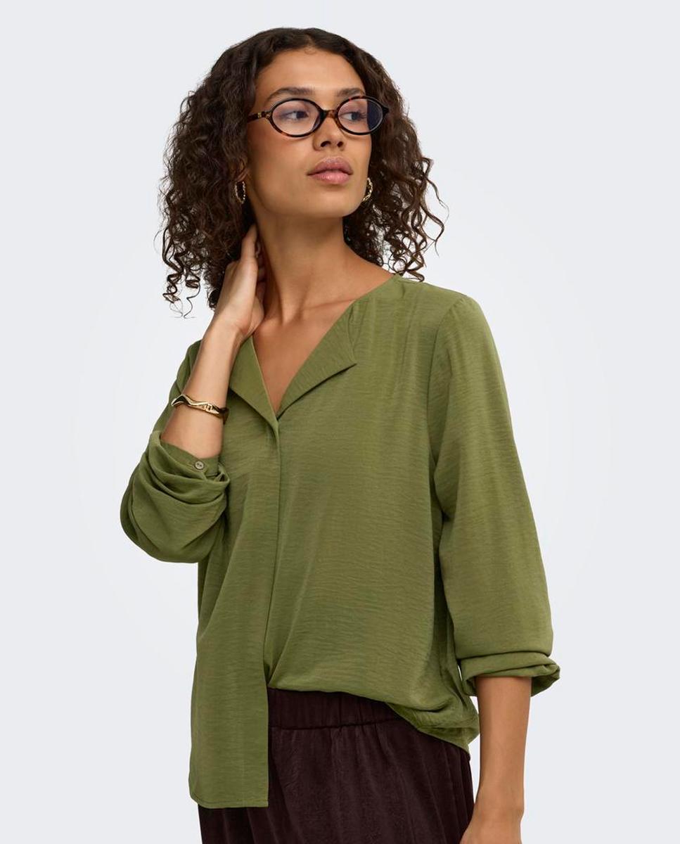 Blusa de mujer de manga larga con cuello abierto - jdy - Verde pardo Verde pardo-4