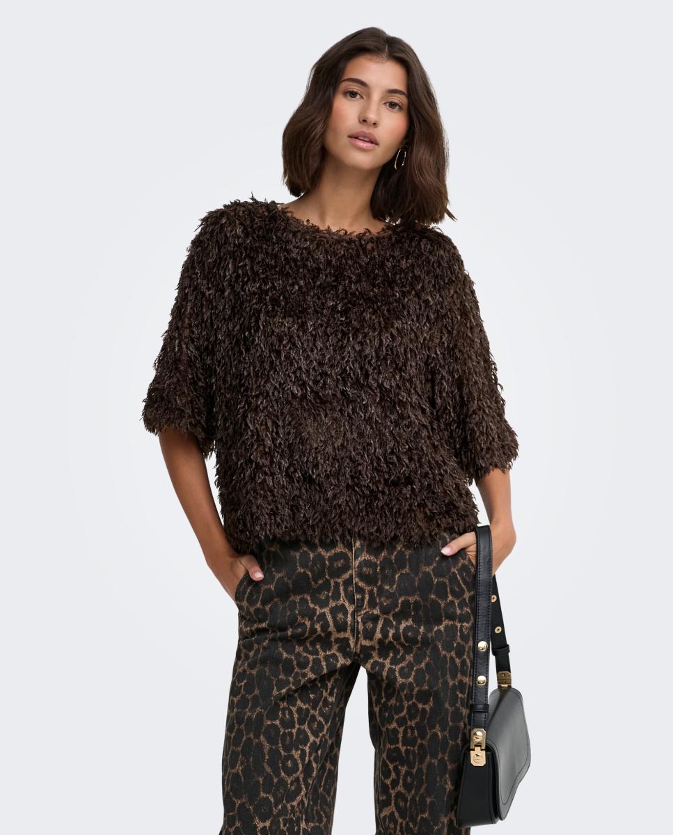Top de mujer con cuello redondo y manga francesa - jdy - Marrón oscuro Marrón oscuro-1