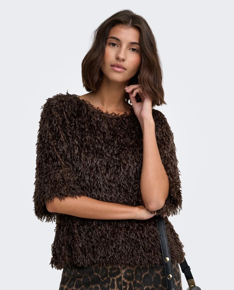 Top de mujer con cuello redondo y manga francesa - jdy - Marrón oscuro Marrón oscuro-4
