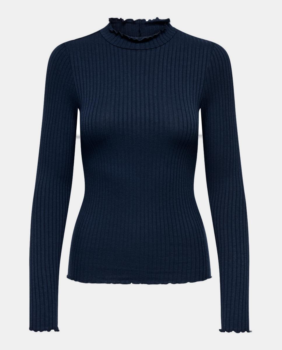 Camisola de malha com gola alta e canelado Azul-marinho-3