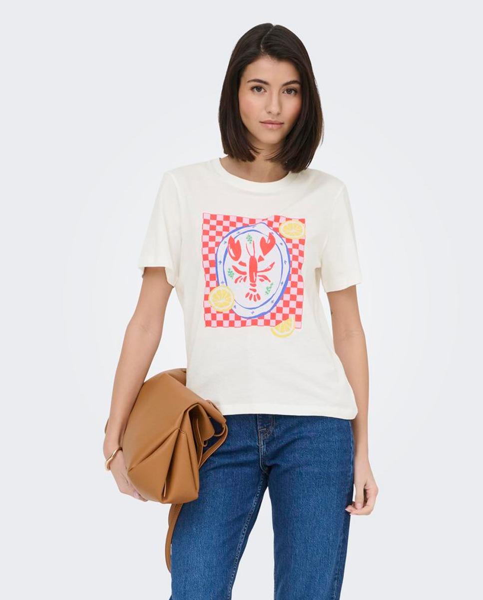 jdy - Camiseta de mujer de manga corta con dibujo frontal.