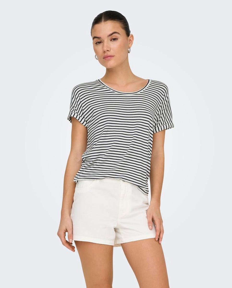 jdy - Camiseta de mujer de rayas con manga corta y cuello redondo.