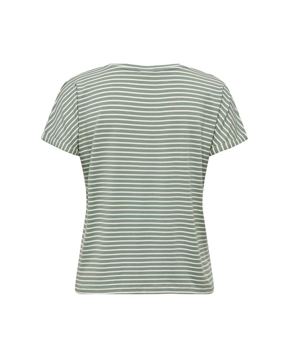 T-shirt às Riscas com Manga curta e Decote Redondo Verde pardo-6