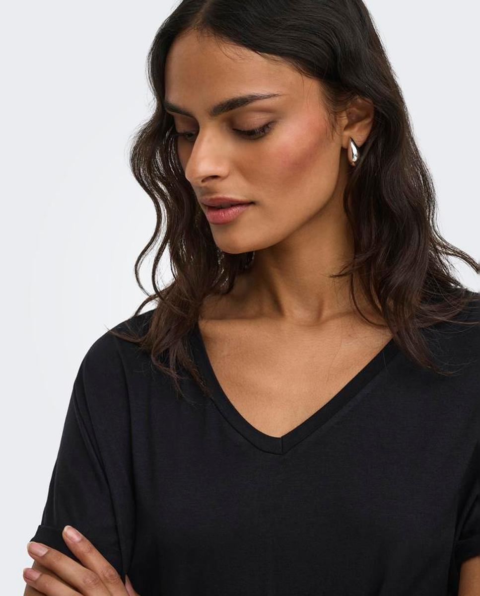 Camiseta de mujer de manga corta con cuello pico - jdy - Negro Negro-4