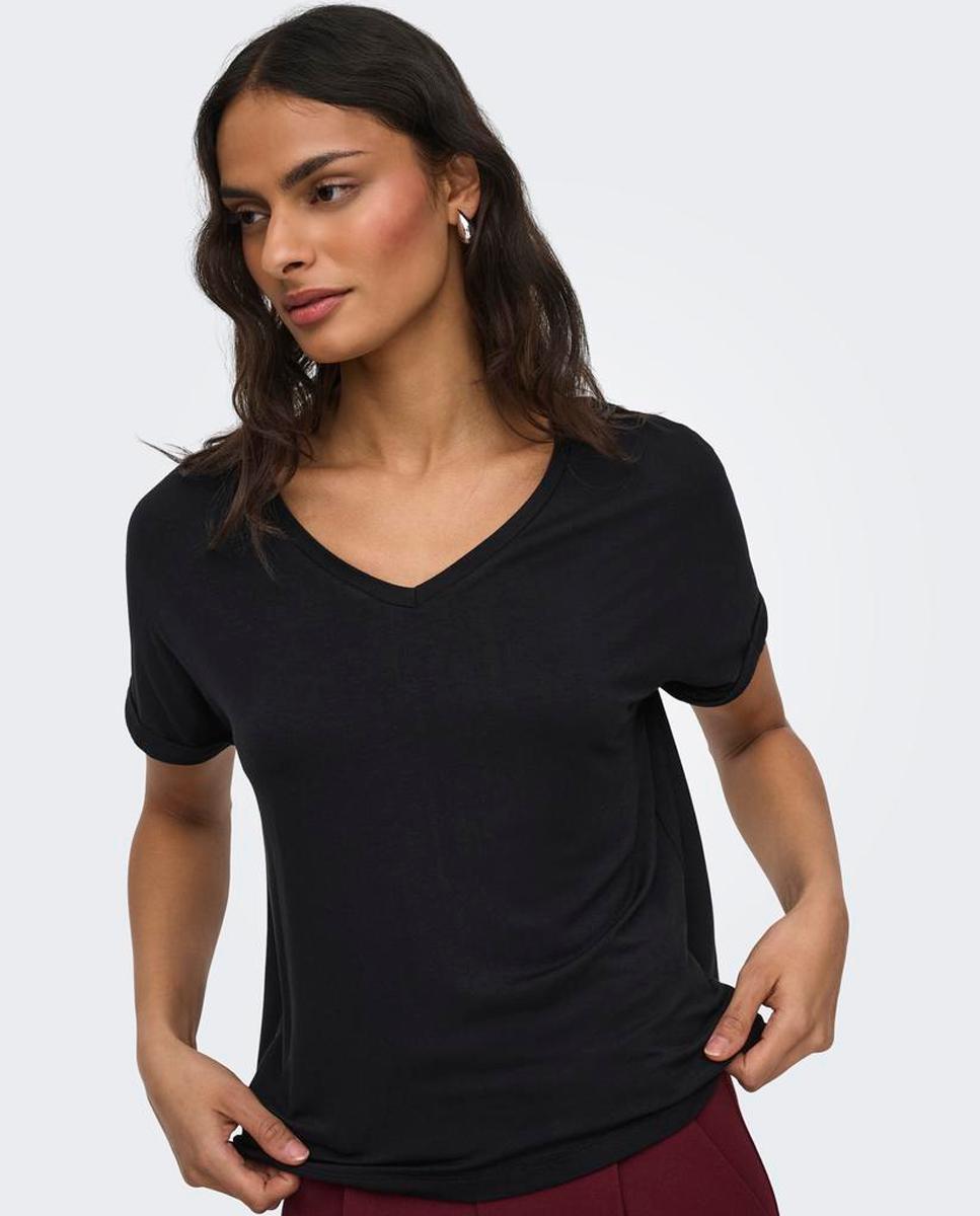 Camiseta de mujer de manga corta con cuello pico - jdy - Negro Negro-5