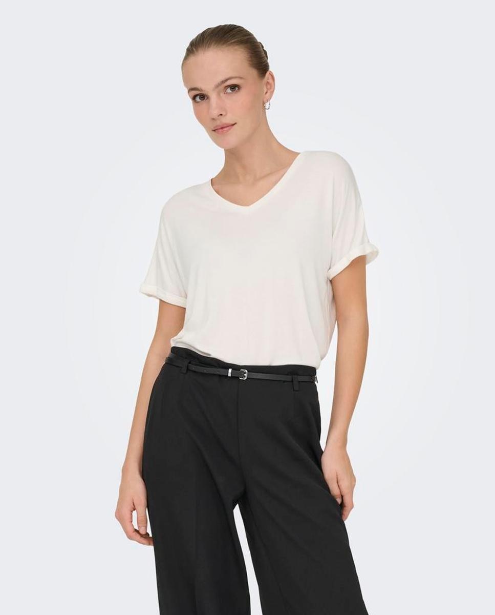 Camiseta de mujer de manga corta con cuello pico - jdy - Blanco Blanco-1
