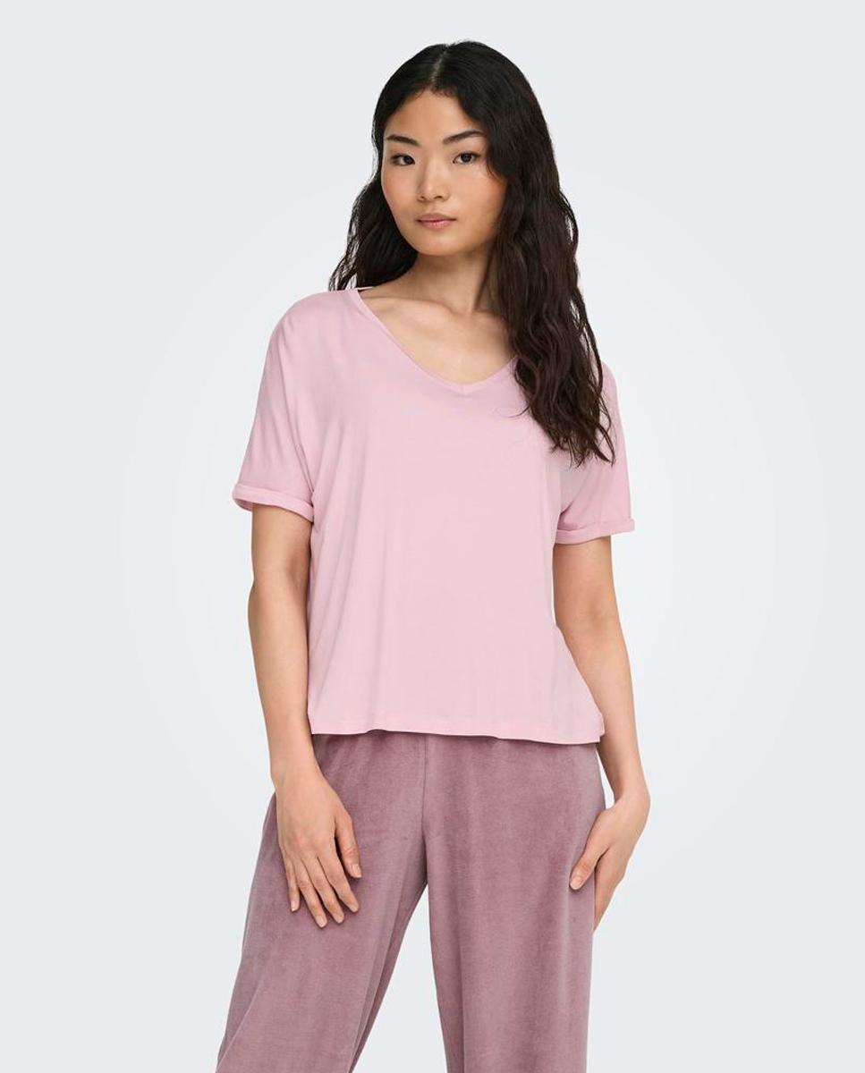 Camiseta de mujer de manga corta con cuello pico - jdy - Morado Morado-1