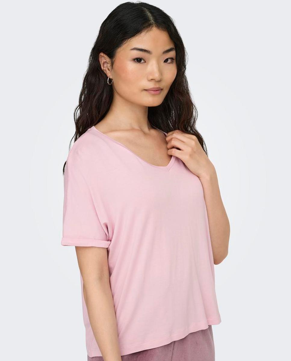 Camiseta de mujer de manga corta con cuello pico - jdy - Morado Morado-4